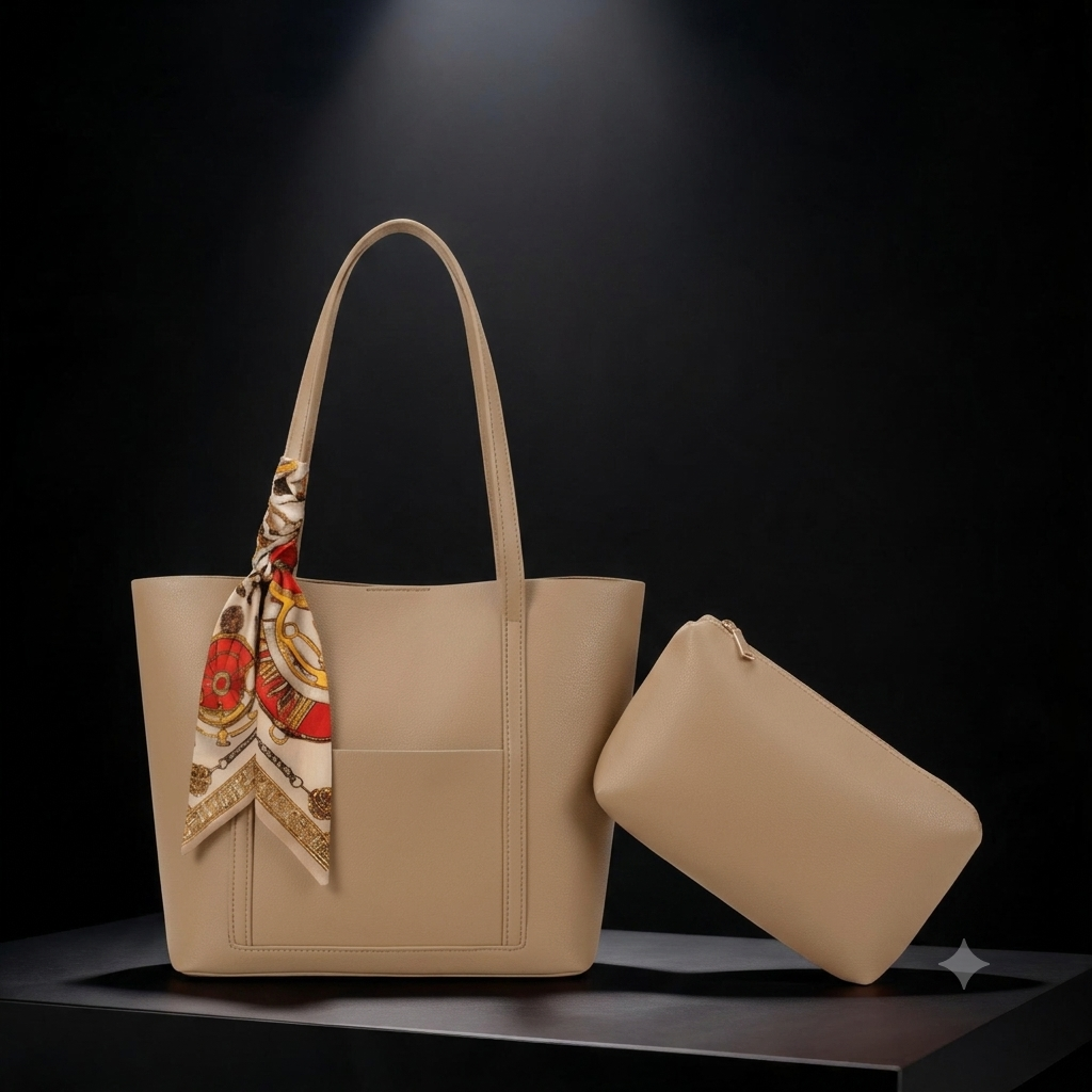 Trendy Brown Tote Bag with Scarf & Pouch SC-049