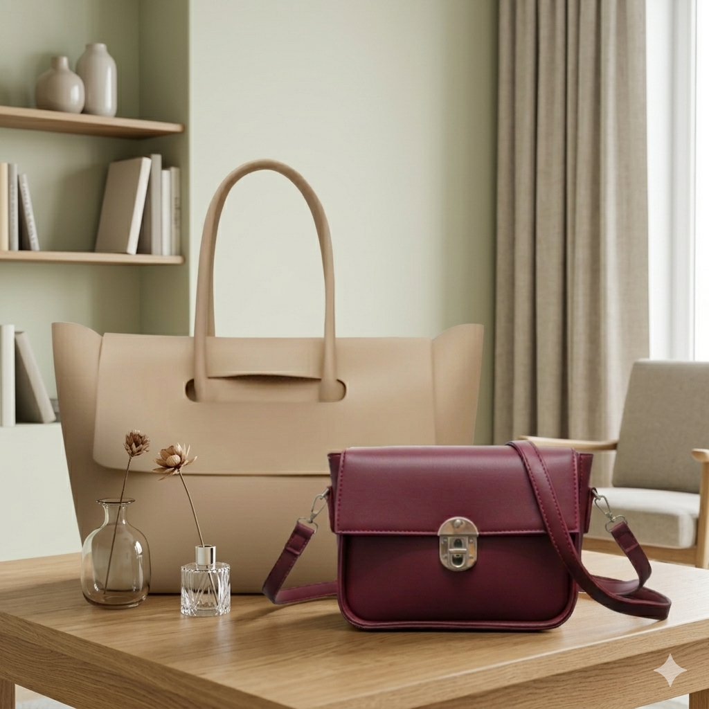 Beige Oversized Tote + Deep Red Sling Bag 066 / 075