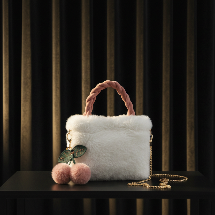 Luxury Fur Handbag with Pink Braided Handles SC-119