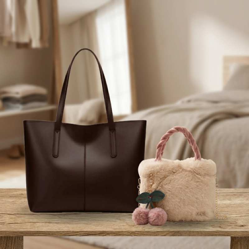 Black Shoulder Tote Bag & White Faux Fur Crossbody Bag 055 / 119