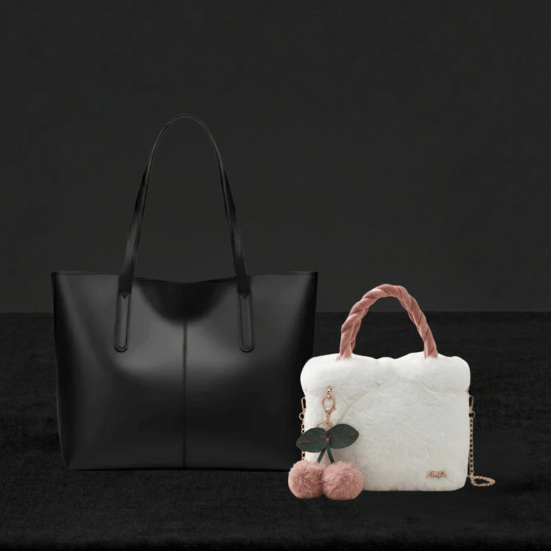 Black Shoulder Tote Bag & White Faux Fur Crossbody Bag 055 / 119